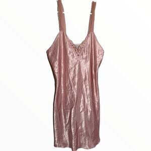 Vintage Intimate Affair California Slip Chemise 80s Lace V-Neck Pink Medium